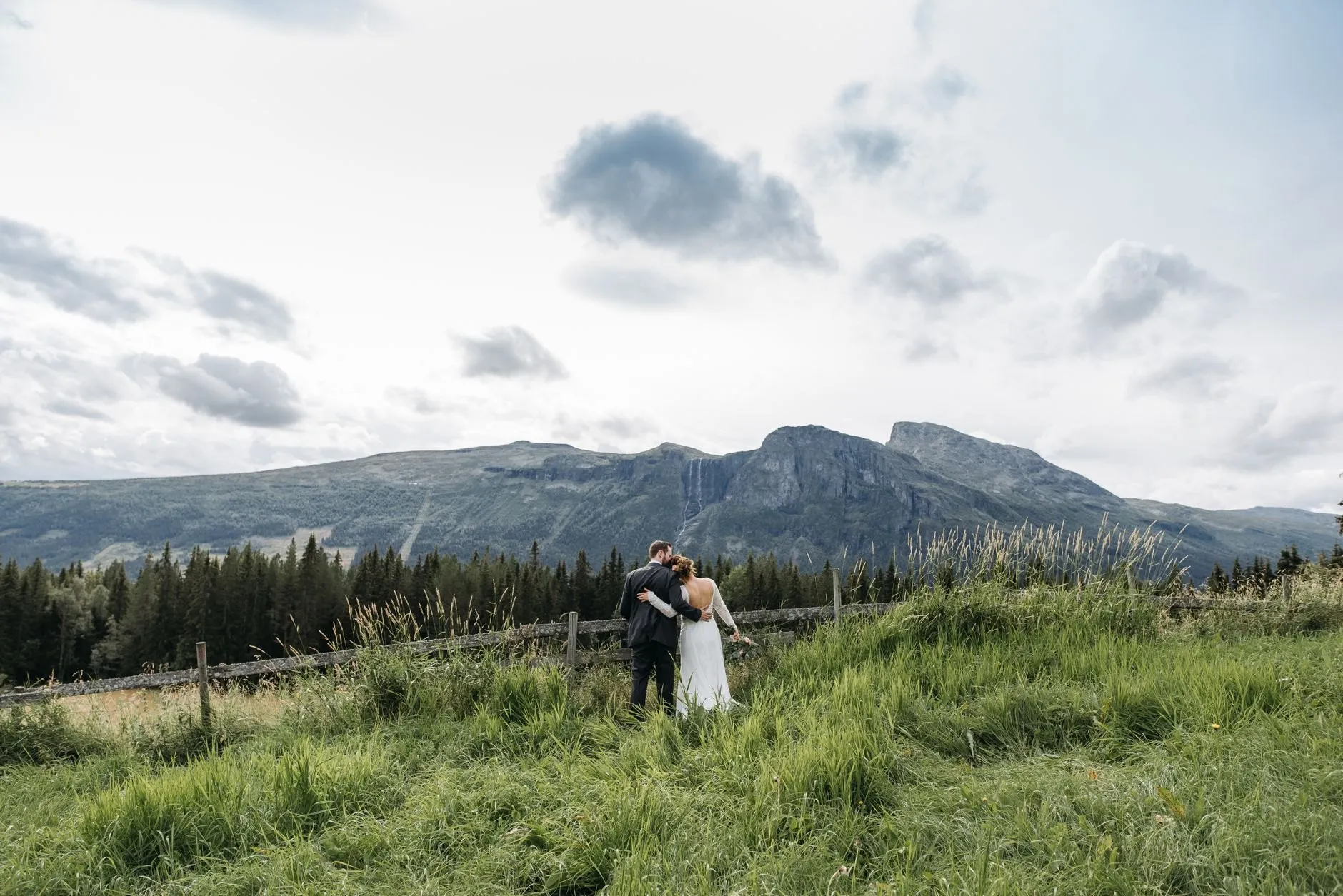 The couple far off in the long grass by the fence