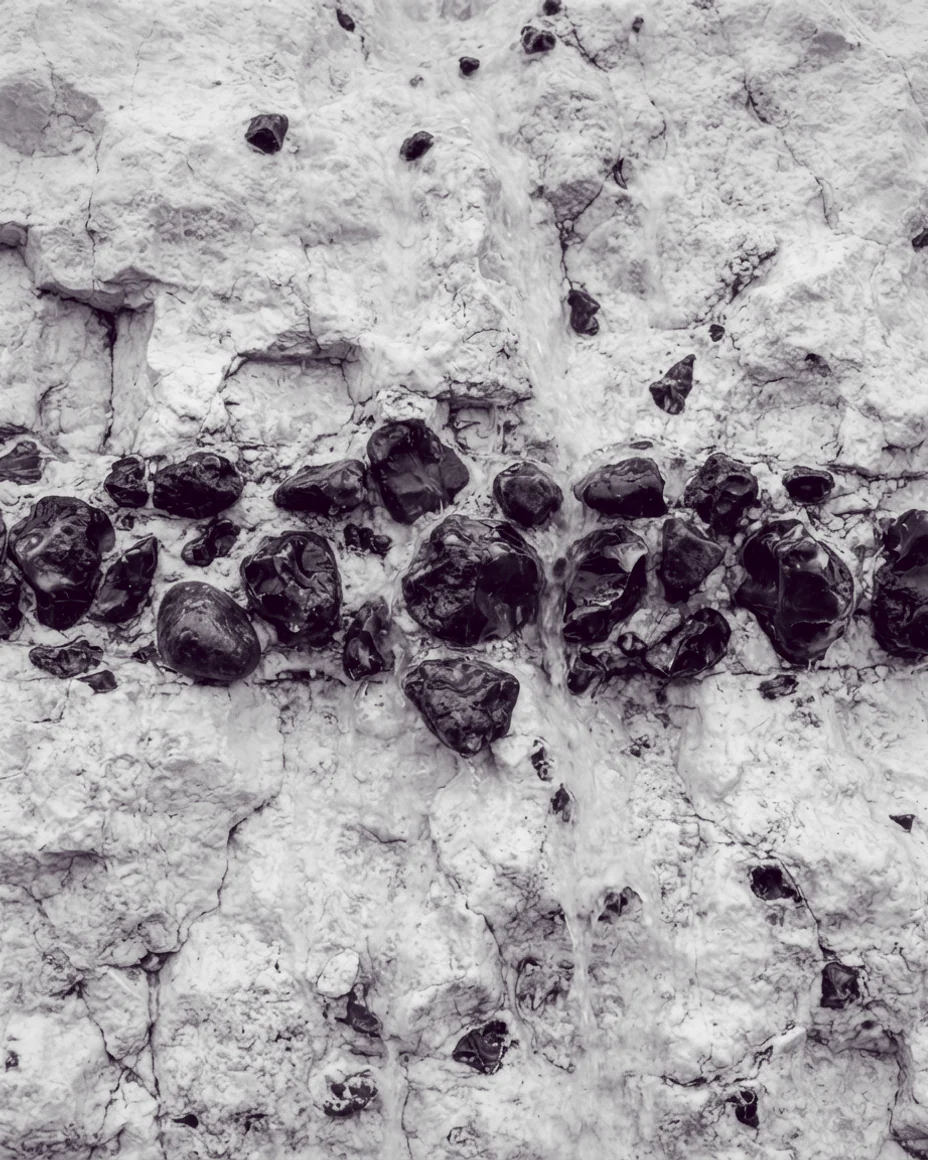 A close upright frame of a horizontal flint band in chalk, the nodules almost black against white.