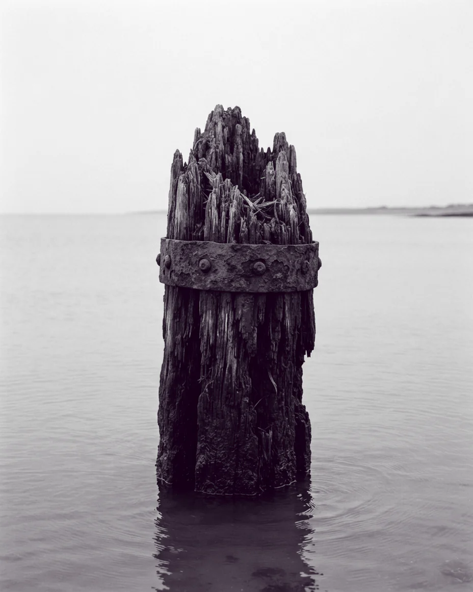 An upright close frame of a rotted piling head, splintered timber and a rusted iron band above still water.