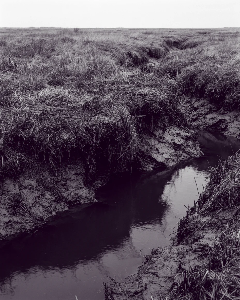 An upright frame of an undercut creek bank, black water below a lip of matted grass and mud.