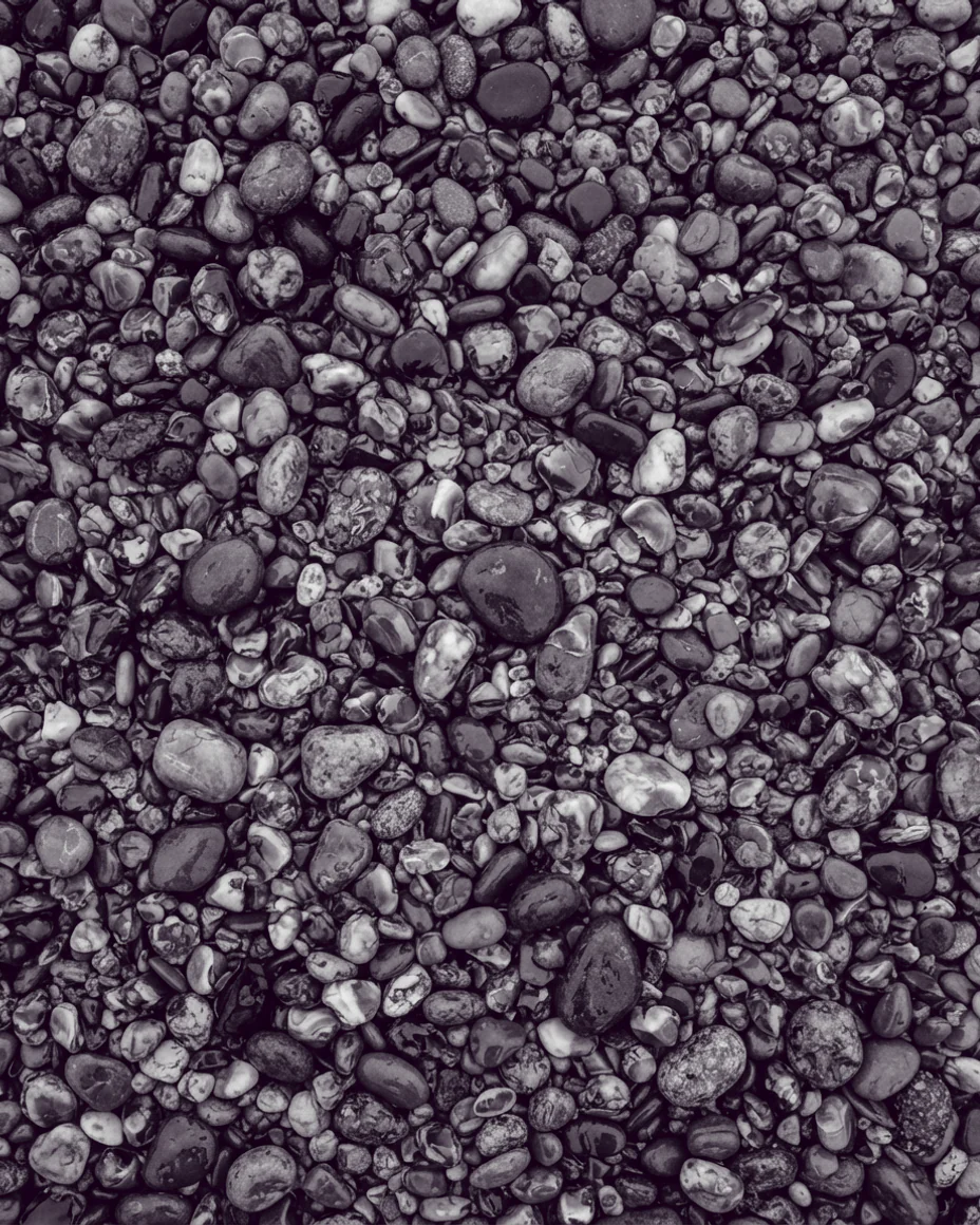 An upright frame looking straight down at wet graded shingle, the stones sorted small to large.